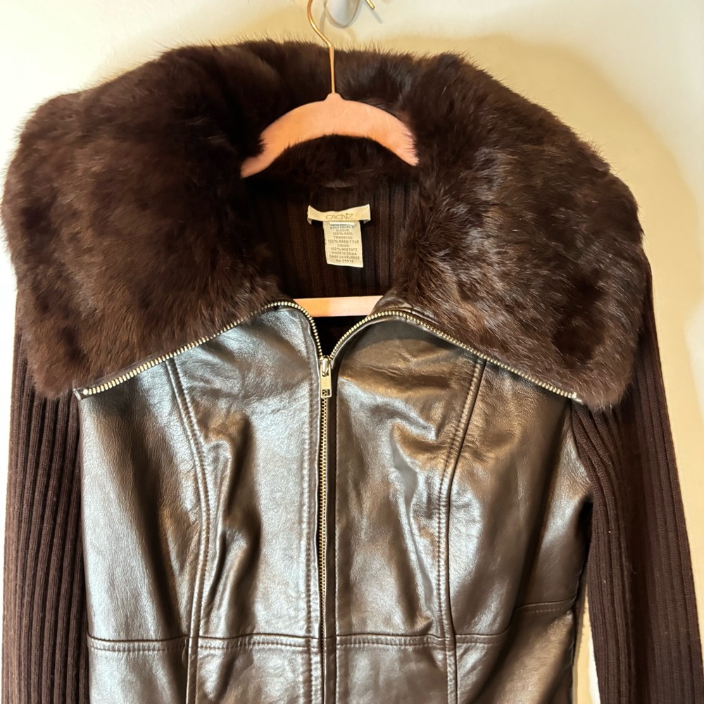 Cache Ribbed Y2k Sweater Jacket Real Fur Bib Coll… - image 2